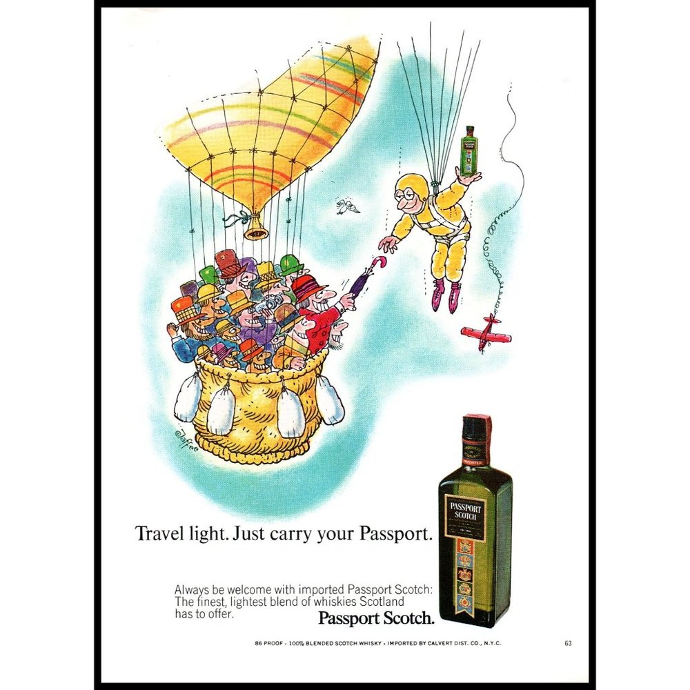 1971 Passport Scotch Vintage Print Ad Hot Air Balloon Travel Light Cartoon Art